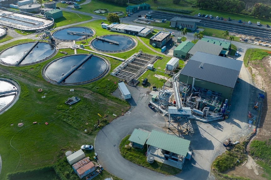 Aerial view biosolids gasification facility at Logan, south of Brisbane