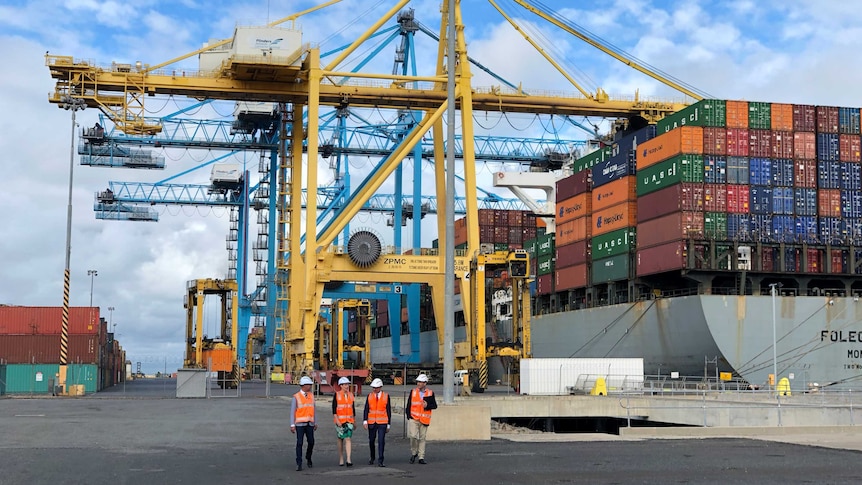 Ship stacked with containers at Outer Harbor in Adelaide.