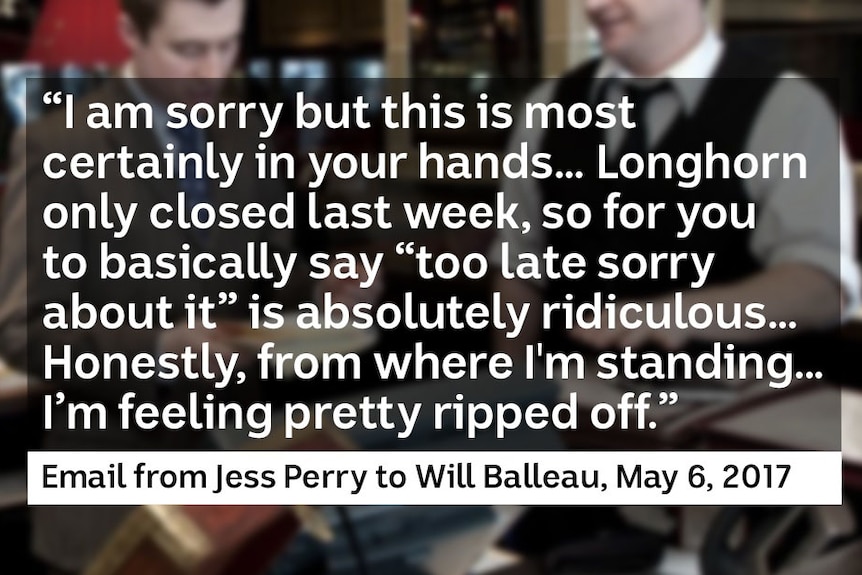 A quote from an email from Jess Perry to Will Balleau about money owed to her.
