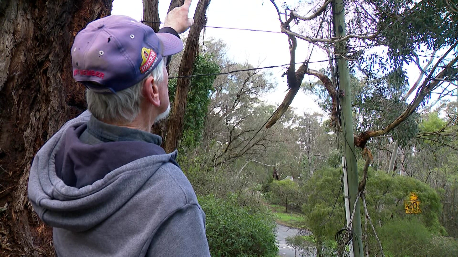 A man in Eltham points at a power pole and power line damaged in high wind