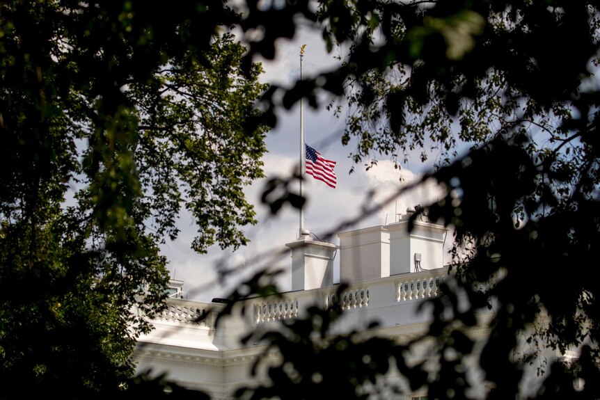 Seen through trees, you look at a US flag flying half mast over the White House in Washington.