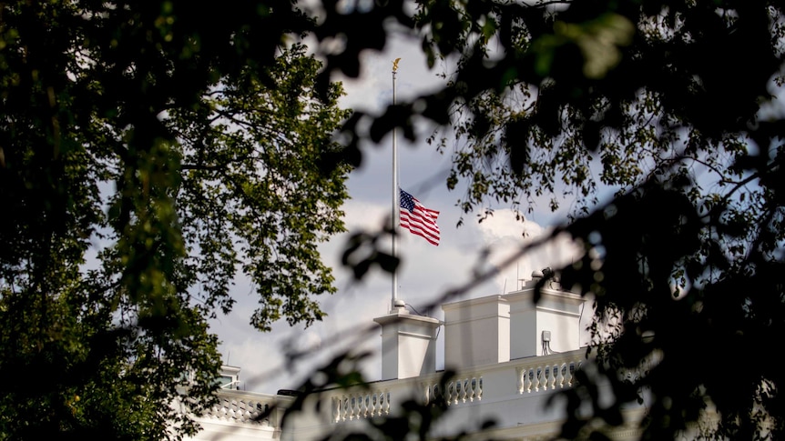 Seen through trees, you look at a US flag flying half mast over the White House in Washington.