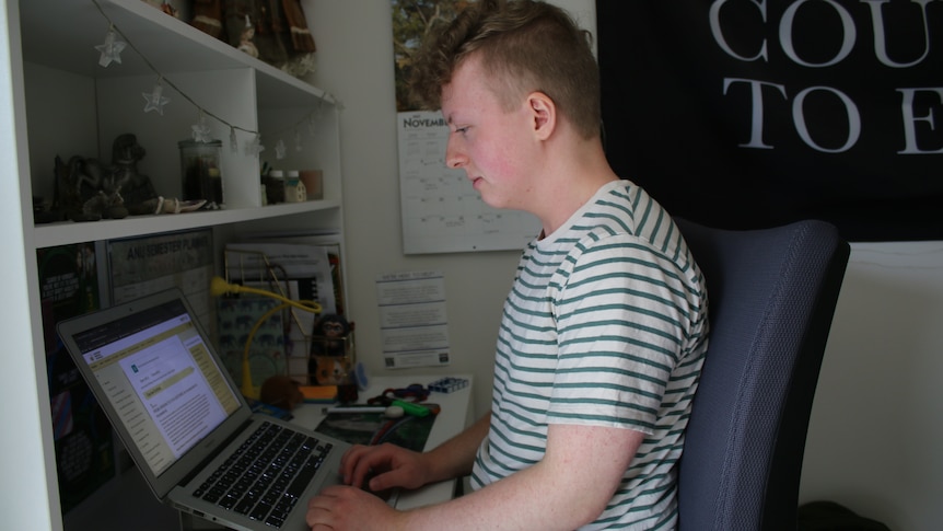 18-year-old autistic student Connor Winfield studies at a computer.