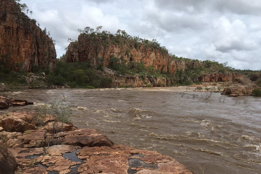 the Katherine River in flood with cliffs in background