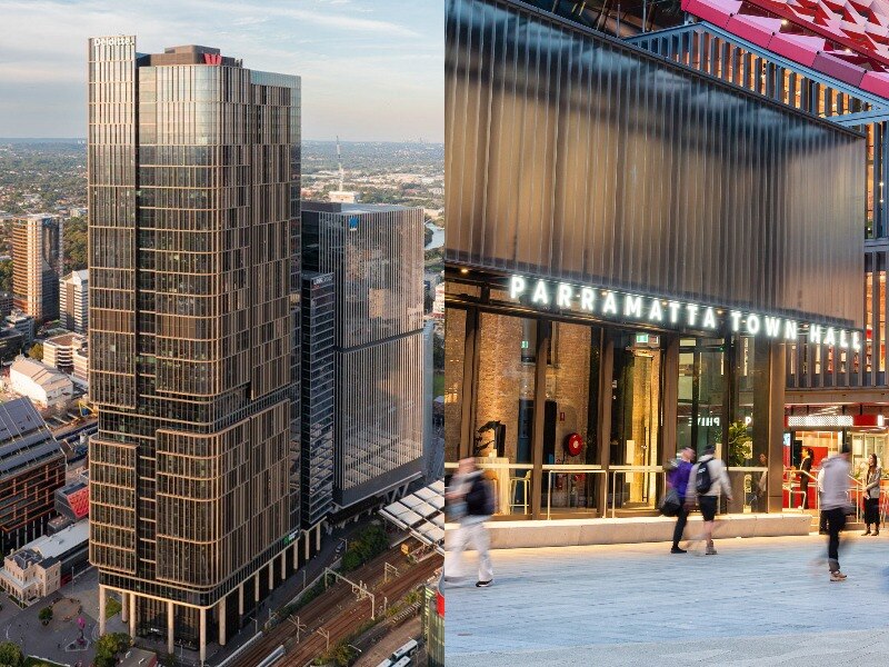 Composite of the exterior of two buildings, one tall the other wide with "Parramatta Town Hall" on exterior