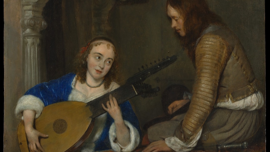 A Woman Playing the Theorbo-Lute and a Cavalier (ca. 1658), Gerard ter Borch the Younger (Dutch, Zwolle 1617-1681 Deventer) Oil on wood (via The Metroplitan Museum of Art)