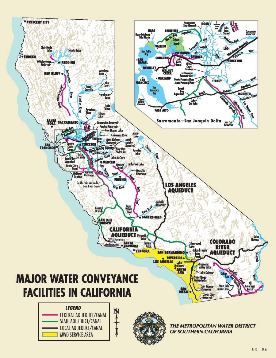 Illustration: Map indicating locations of the Los Angeles, Colorado River and California aqueducts.