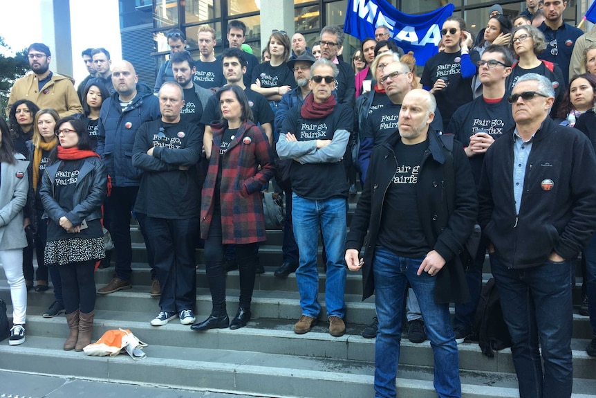 Fairfax Media staff wearing 'Fair go Fairfax' shirts protest in Melbourne against job cuts.