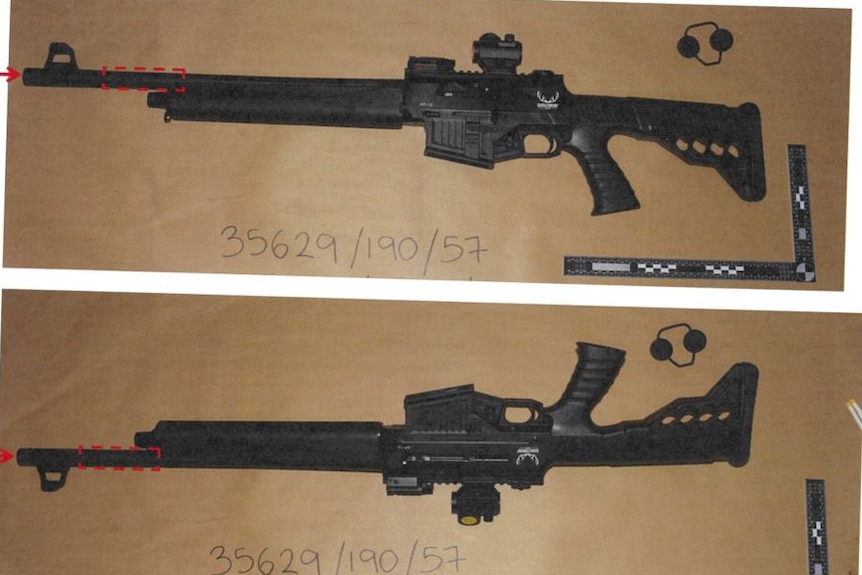 Photos showing the two sides of a large black shotgun