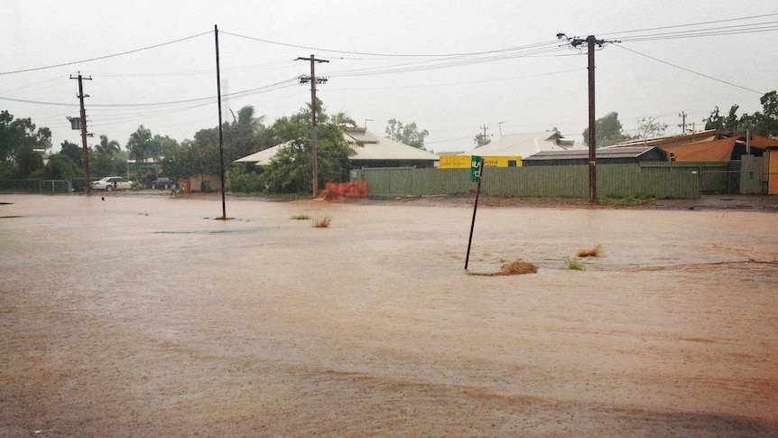 A flooded street in South Hedland
