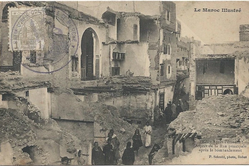 Black and white film image of the destroyed Jewish Area in 1912