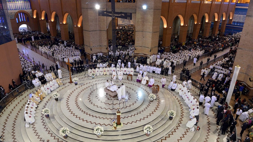 Pope Francis celebrates mass at the Basilica of Our Lady of Aparecida.