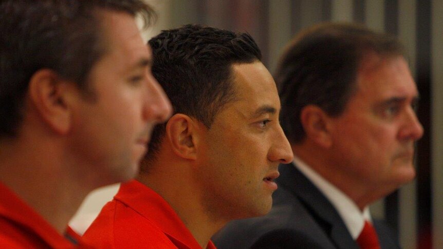 New home ... Benji Marshall speaks during the Dragons media conference