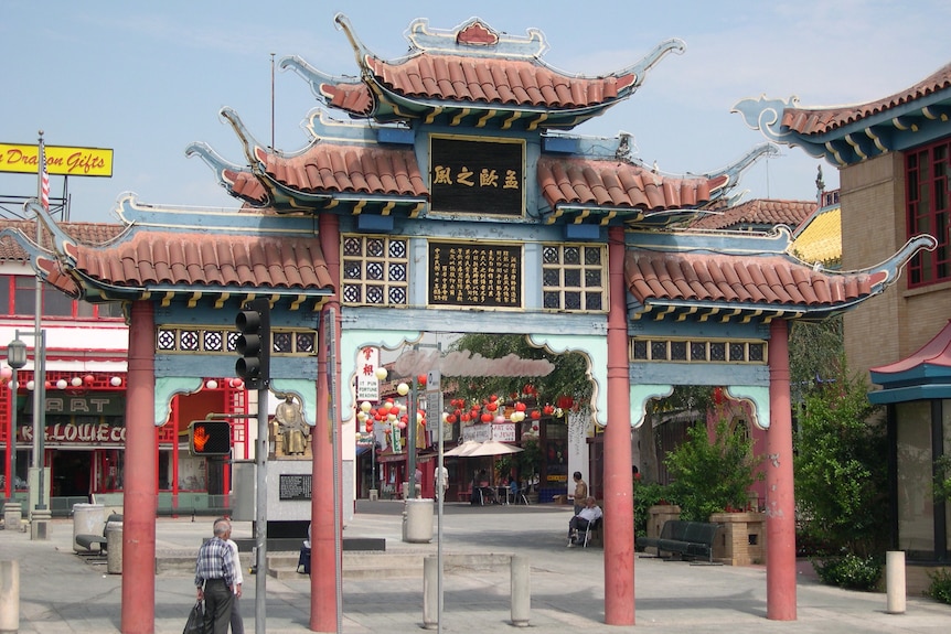 A photo of the archway at the entrance to Chinatown in Los Angeles, USA.