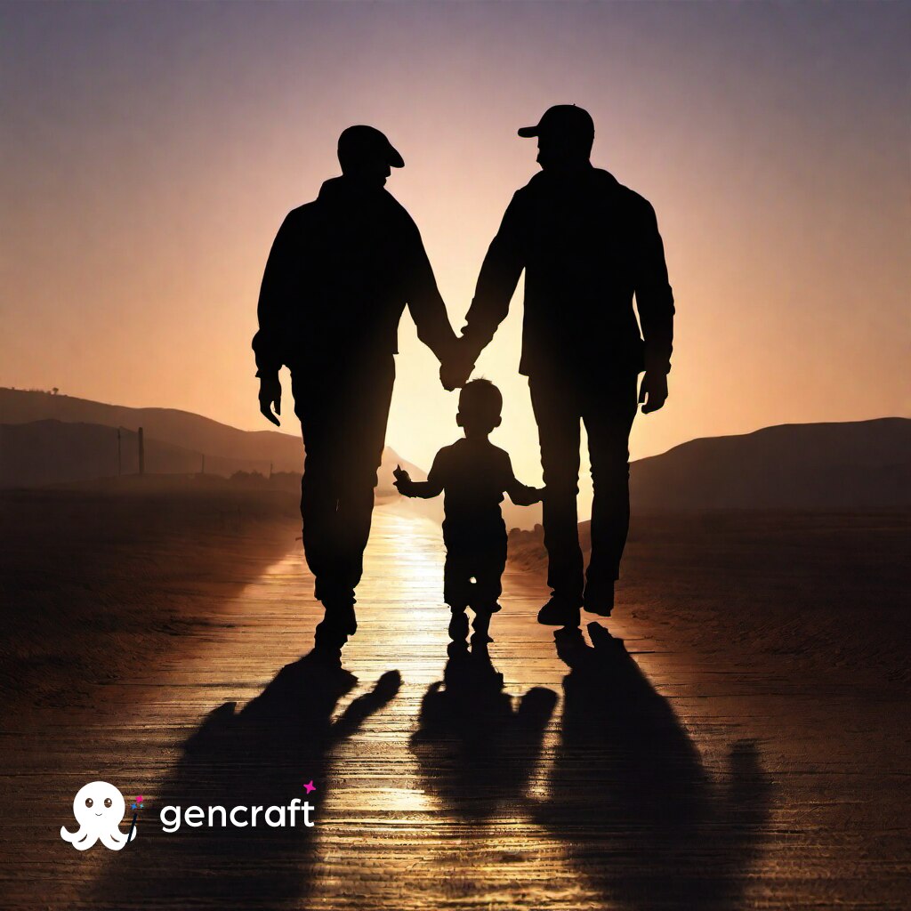 A Same sex family with a child walk at sunset in a silhouette image.