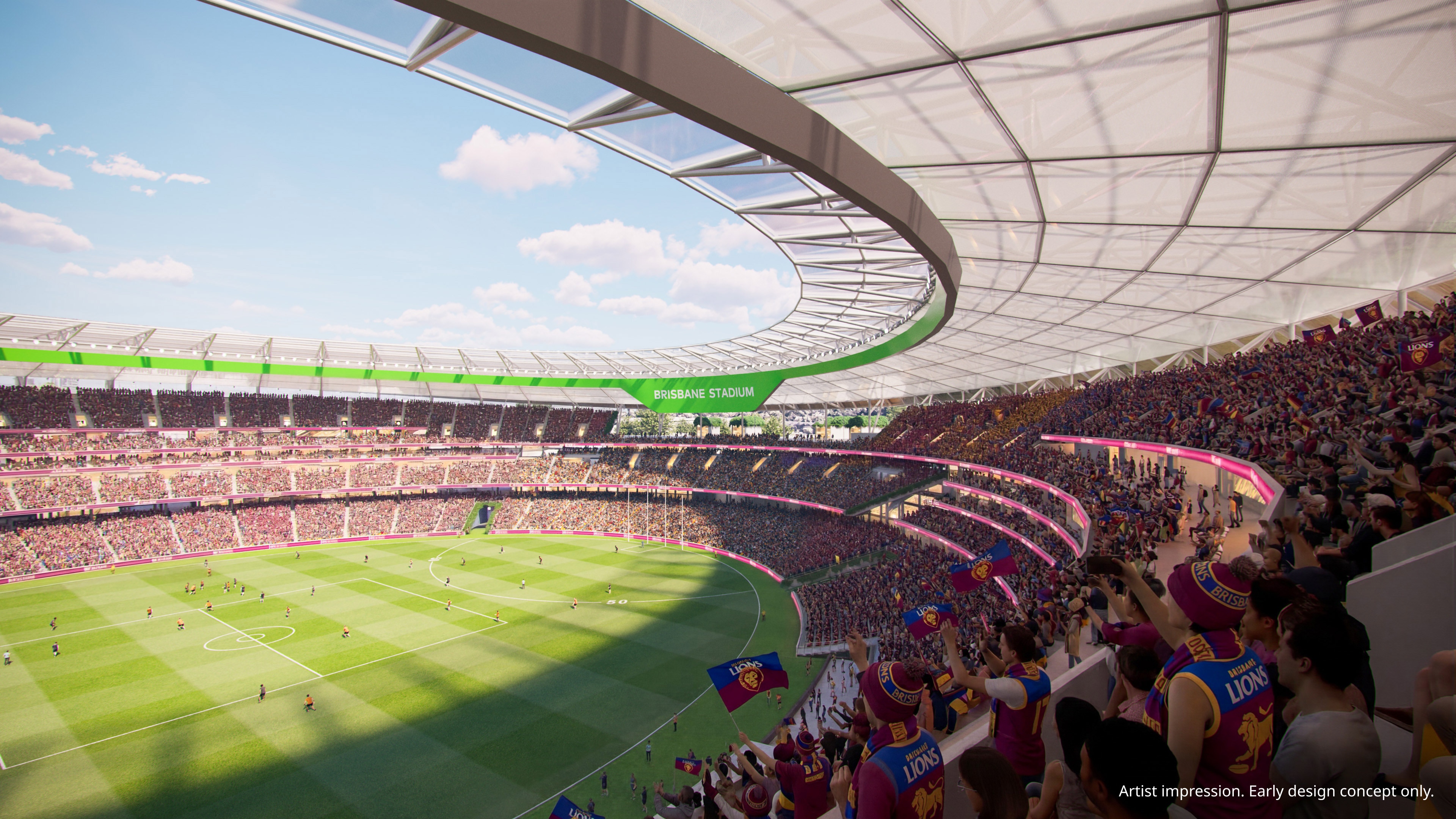 An artist impression of a stadium with people wearing lions jerseys in the seats. 