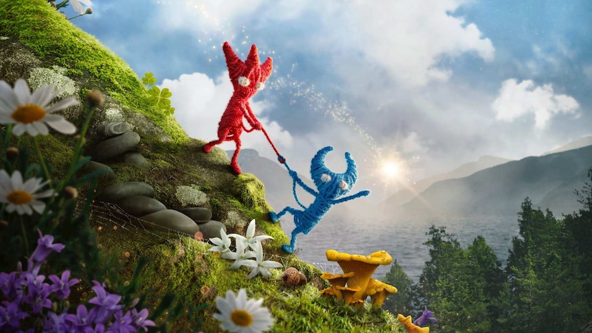 Cartoon image of red and blue creatures made of string frolicking on a hill