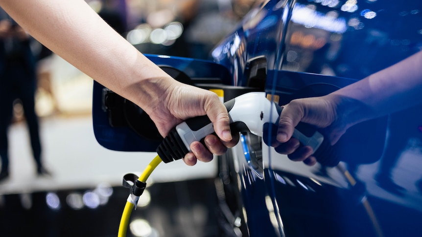 A hand holding an EV charger plugged into a car.