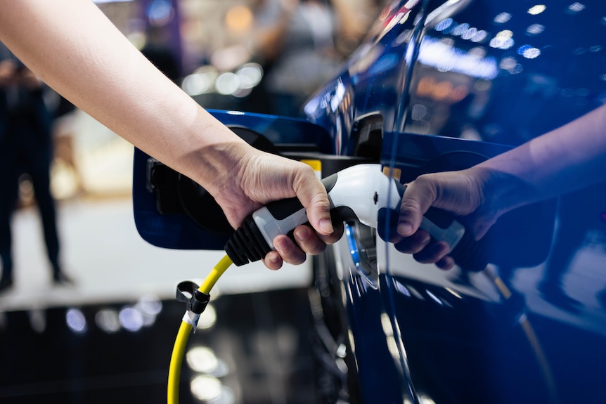 A hand holding an EV charger plugged into a car.