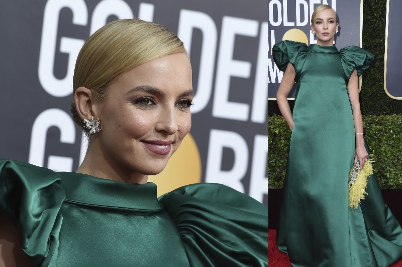 a composite image of Jodie Comer in a silky emerald green gown with big sleeves and a high neckline