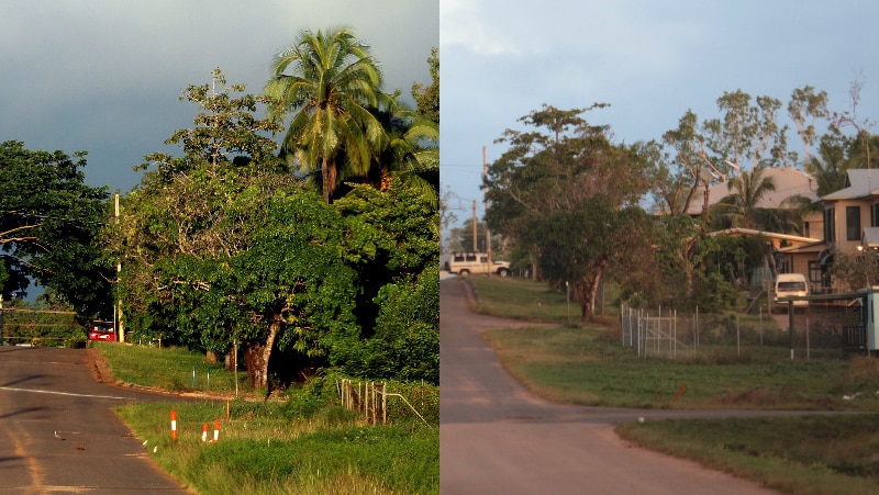 Side-by-side comparison of street in Lockhart River before and after Cyclone Trevor.