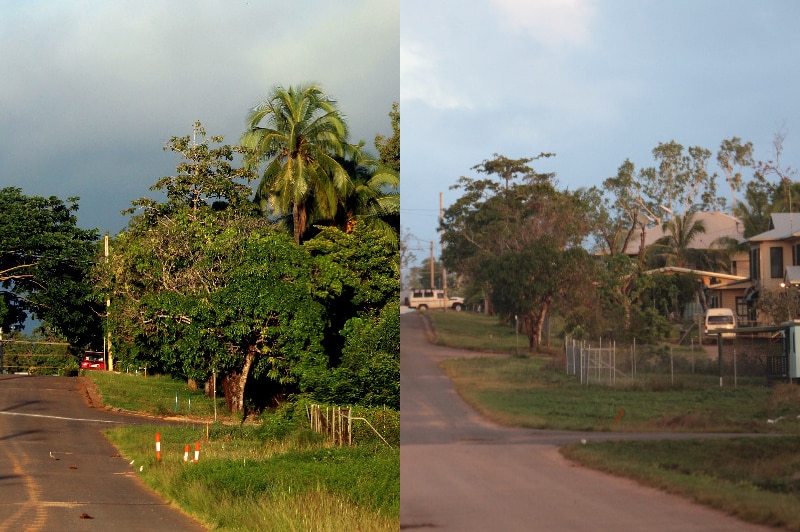 Side-by-side comparison of street in Lockhart River before and after Cyclone Trevor.