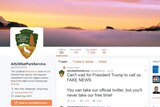 The Alt US National Park Service Twitter account has a pinned Tweet reading: can't wait for President Trump to call us FAKE NEWS