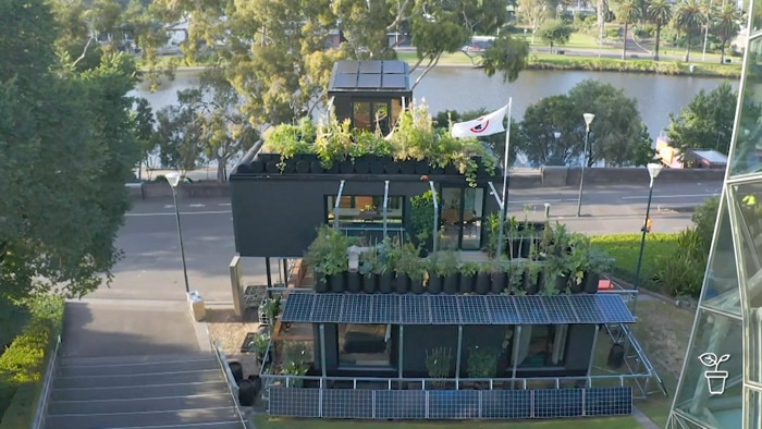 Tall, narrow house with vegetables growing in containers and solar panels in the yard and on fences