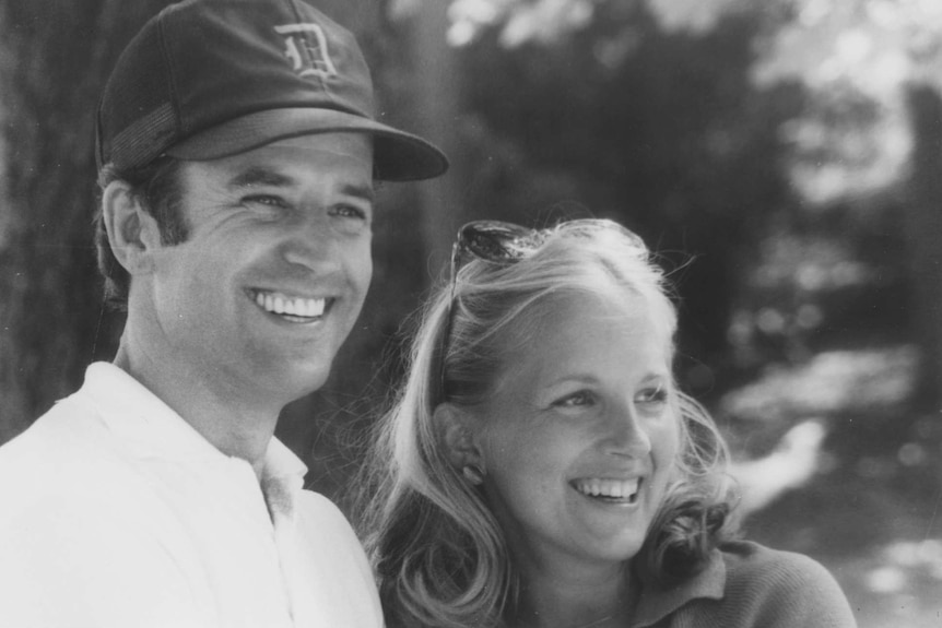 A black and white photo of Joe Biden and Jill Biden in the thirties