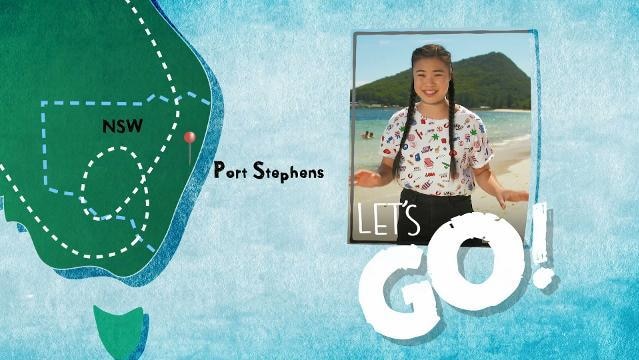 Map of Australia indicates Port Stephens, image of teenage girl beside with onscreen text "Let's Go!"
