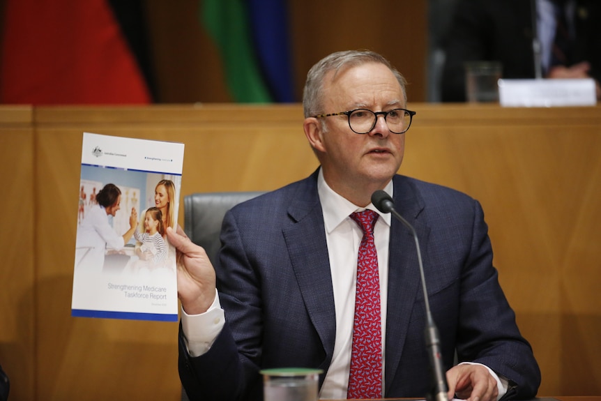 Albanese holds up the Medicare Taskforce report.