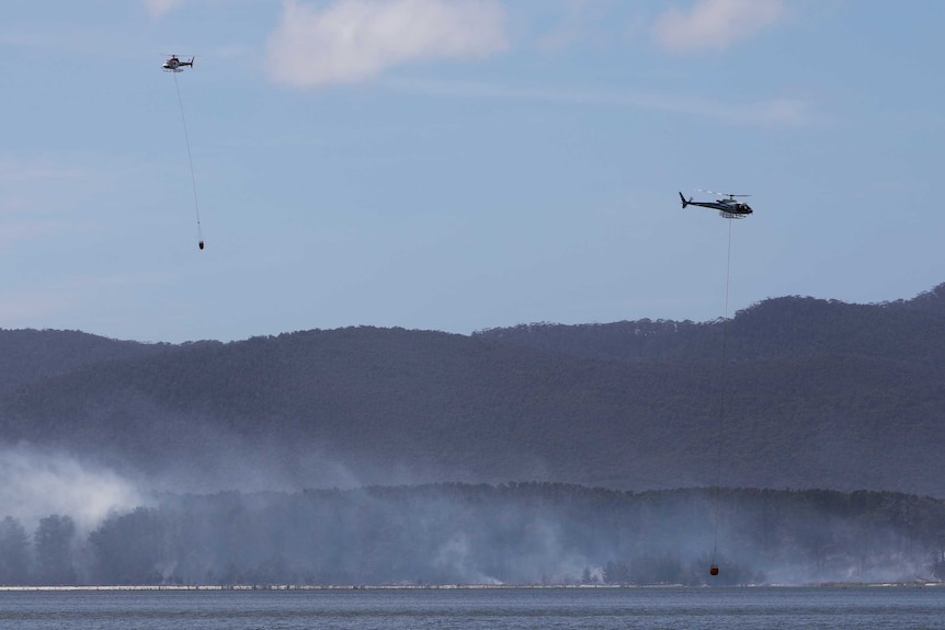 Helicopters involved in waterbombing efforts at Bruny Island, Tasmania, Christmas Day fires 2018.