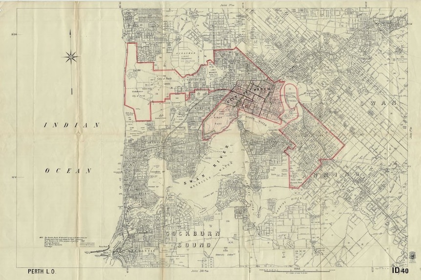 Map of Perth with line showing Prohibited Area, State Records Office of WA collection