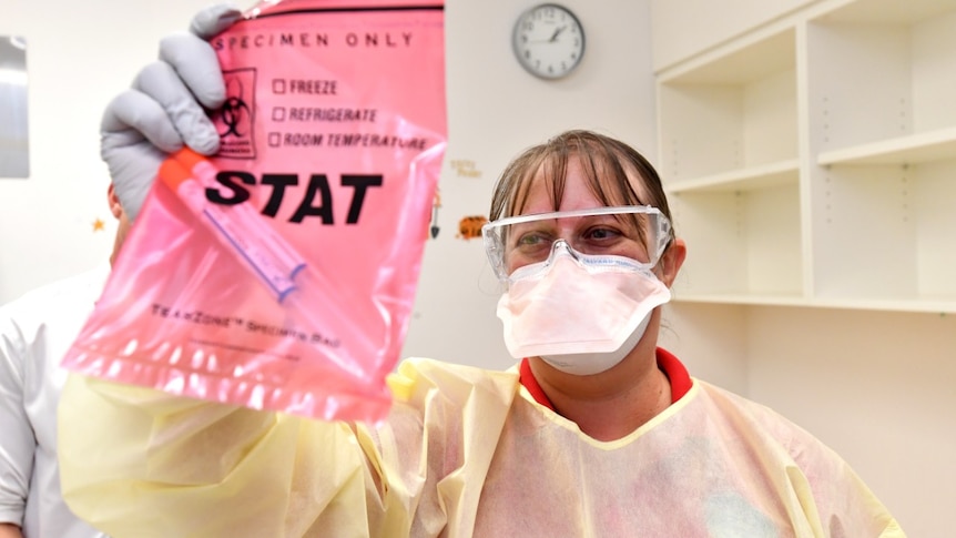 A medical professional holds up swab specimens in a biohazard bag.