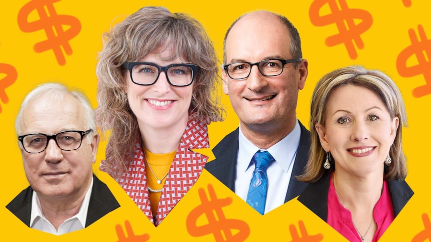 A collage showing the faces of four people, in front of a yellow background with dollar signs