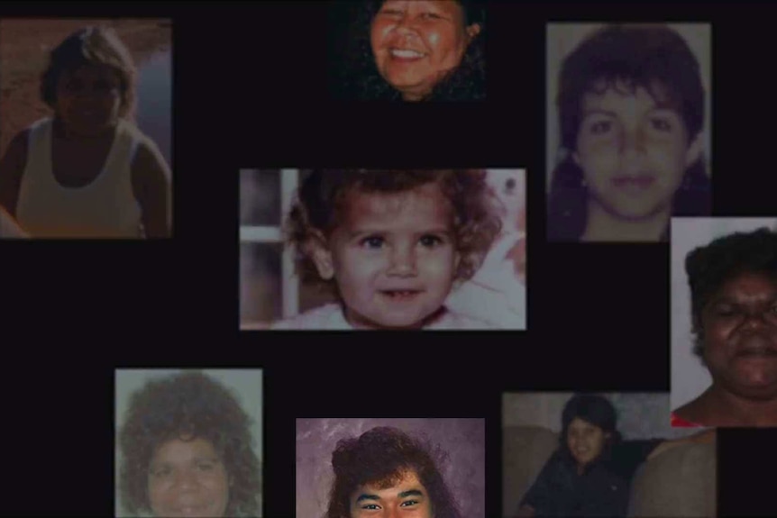 Photos of missing indigenous women on black background