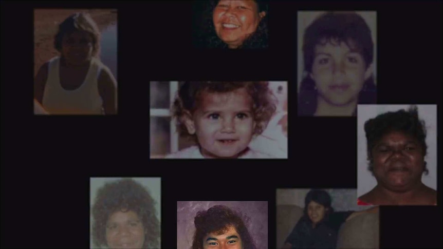 Photos of missing indigenous women on black background