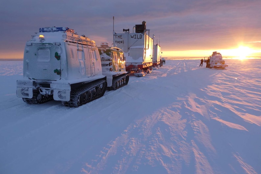 Picture of large snow vehicles driving into the sunset