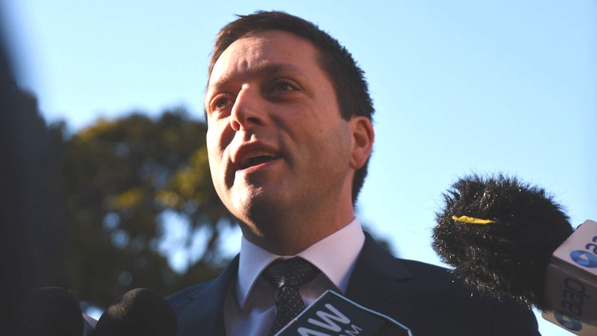 Victorian Opposition Leader Matthew Guy speaks to the media outside Parliament.