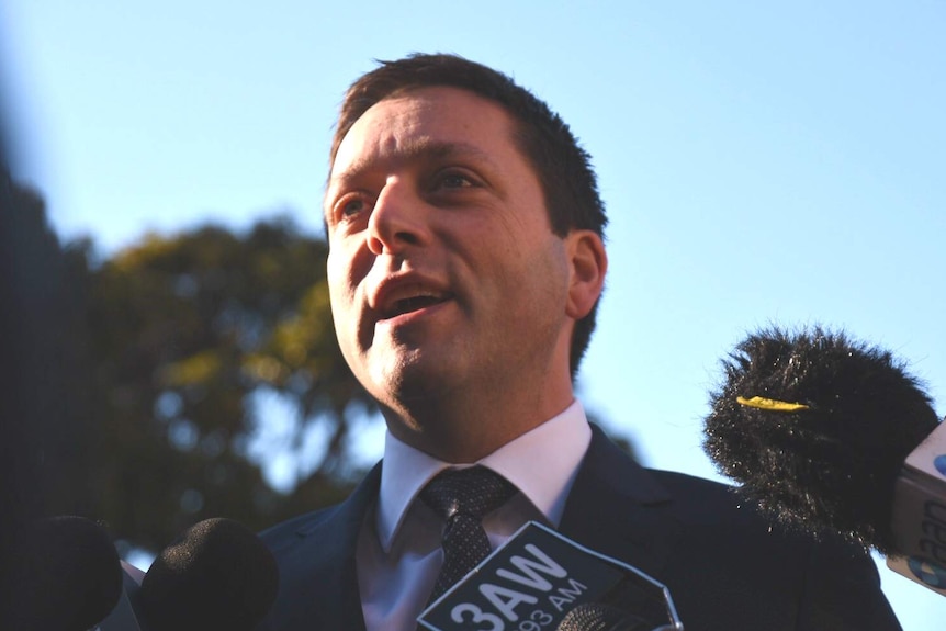 Victorian Opposition Leader Matthew Guy speaks to the media outside Parliament.