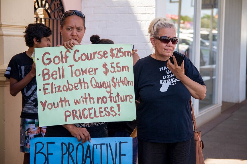 Local Aboriginal people protest outside Kalgoorlie summit. November 5, 2016.