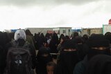 Women wearing niqab stand at the entrance to al-Hawl refugee camp.