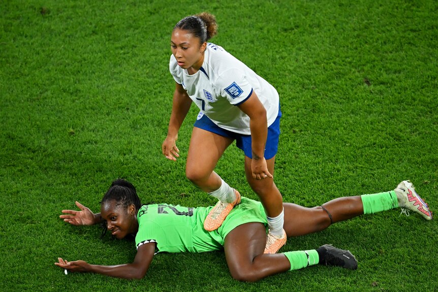 England's Lauren James steps on Nigeria's Michelle Alozie during a Women's World Cup game.