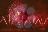Silhouetted figures watch fireworks shoot into the air on a beach with an overlaid opaque version of the NT's floral emblem.