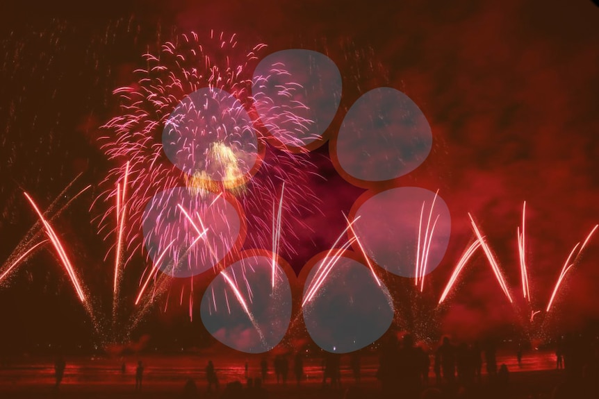 Silhouetted figures watch fireworks shoot into the air on a beach with an overlaid opaque version of the NT's floral emblem.