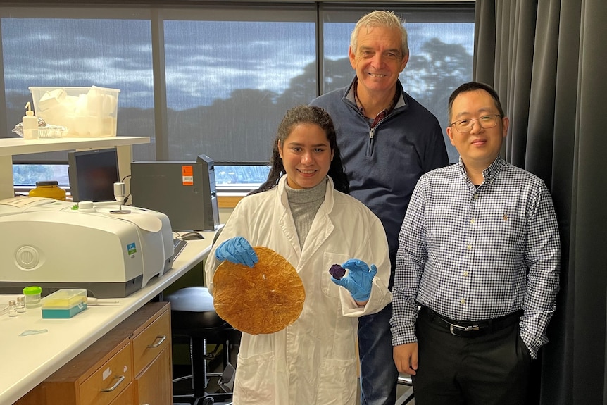 Three people smiling in a lab.