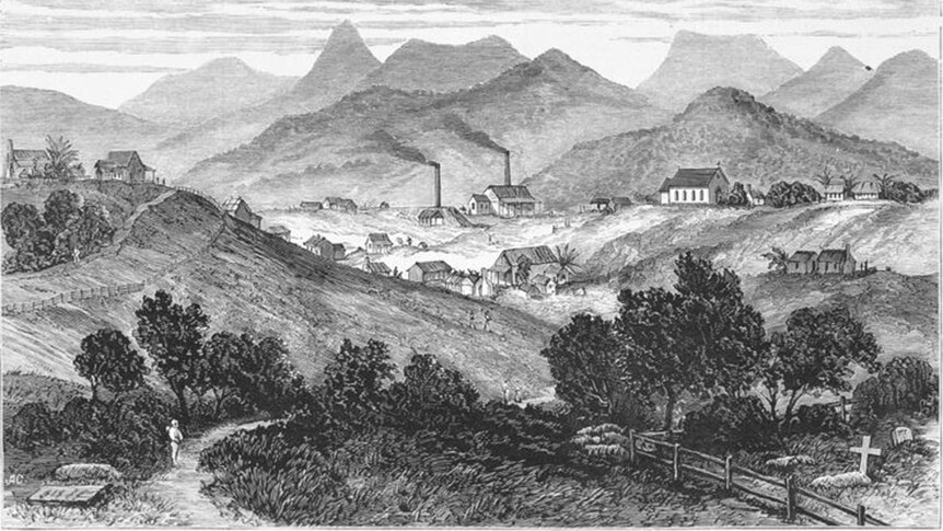1875 wood engraving of Ravenswood which gave historians clues to the location of the town's old cemetery.