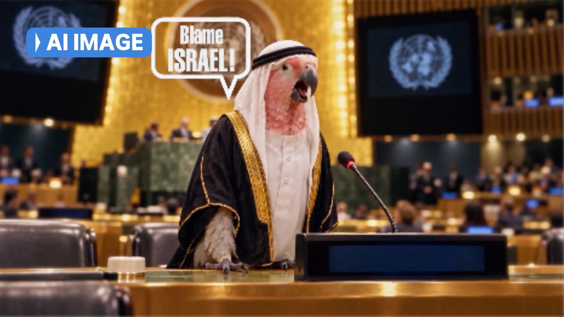 An apparently AI-generated image shows a parrot speaking to the UN, with a speech bubble saying "blame Israel".