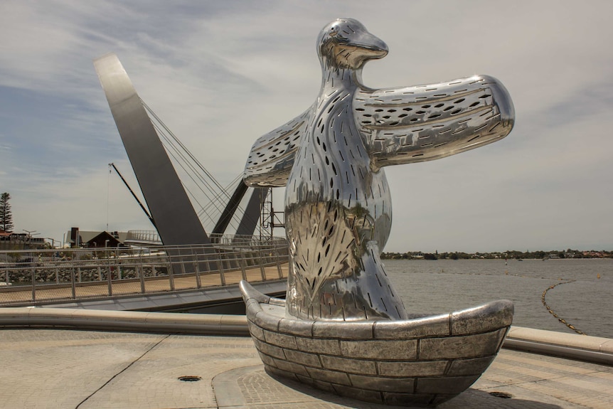 Noongar artist Laurel Nannup's sculpture First Contact faces the river at Elizabeth Quay. January 27, 2016.