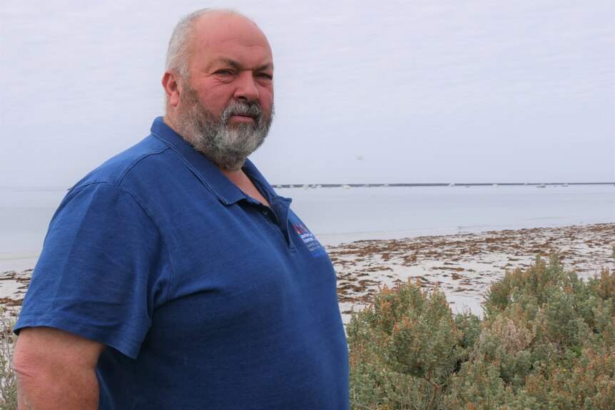 A middle aged man with a white beard and hair frowns. He's standing in front a beach with the grey sky behind him